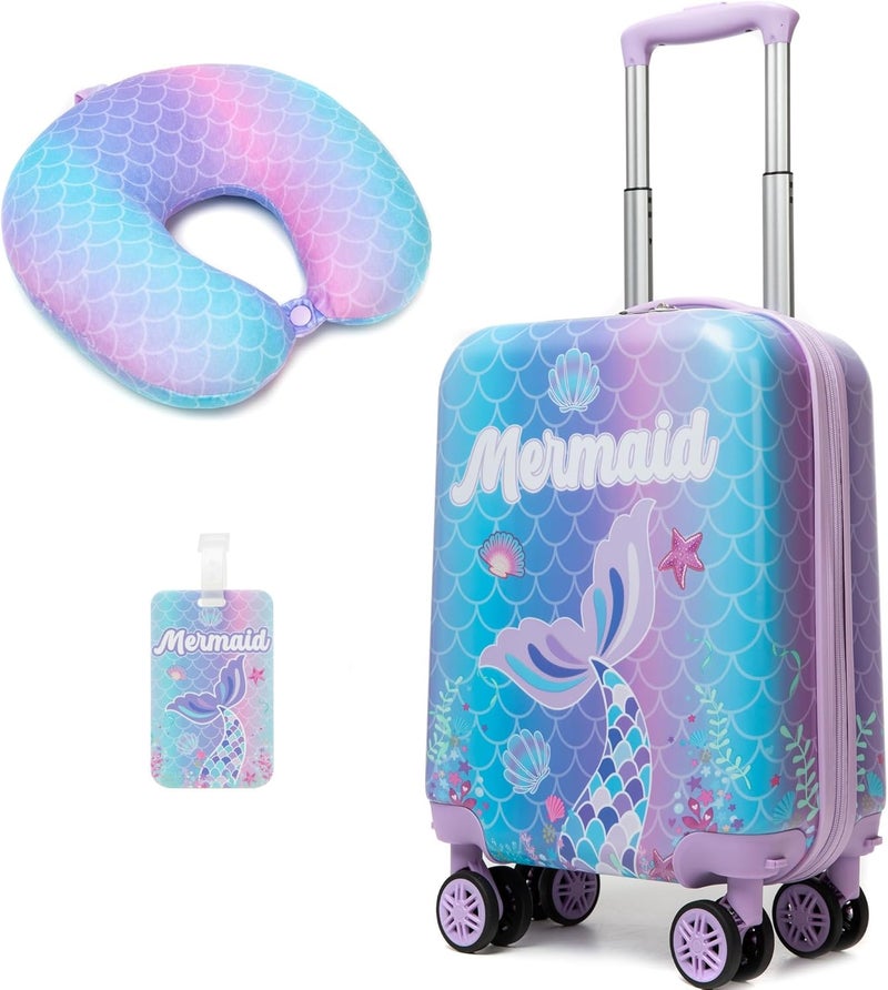 Homskiii طقم حقائب أطفال حورية البحر اللطيفة 2 قطعة حقيبة سفر للأطفال بعجلات دوارة 16" حقائب أطفال للفتيات مع عجلات حقائب صلبة معتمدة من شركات الطيران - Image 1